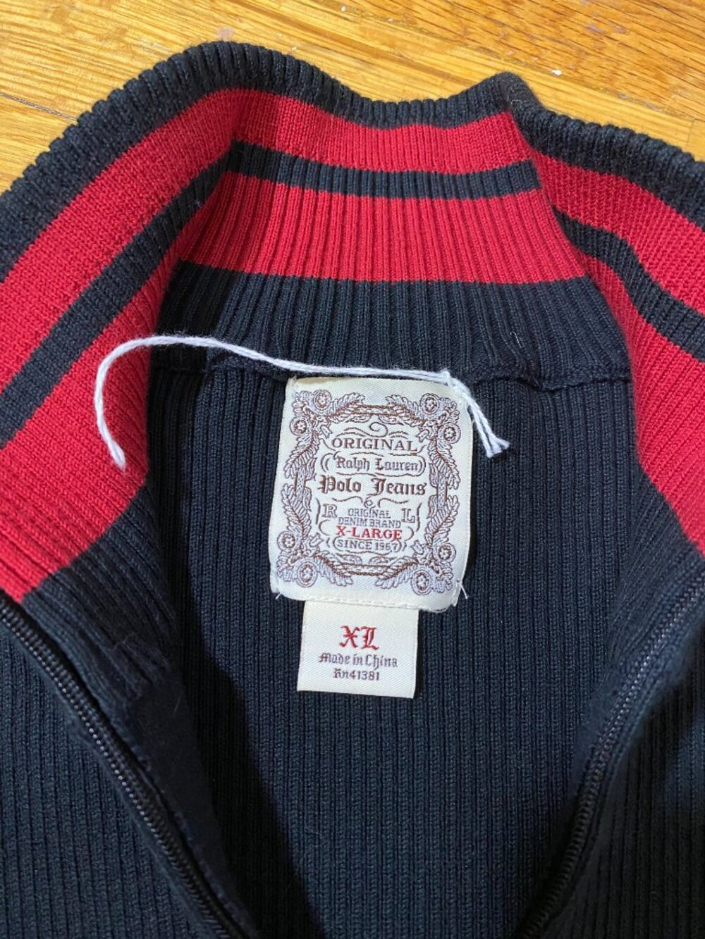 VTG RALPH LAUREN Polo Jeans Sweater Black Ribbed Red Stripe Mock Neck 1/4 Zip XL - Picture 3 of 10